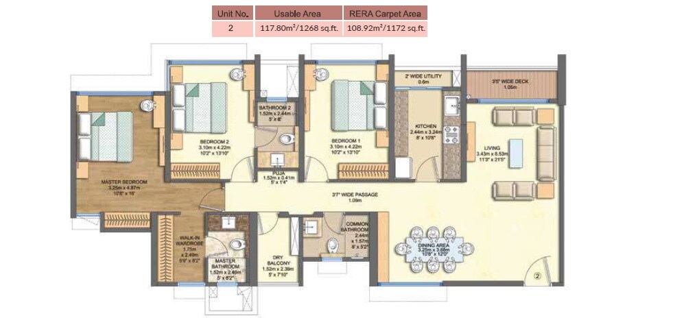 Floor plan of 3 BHK 1172 Sq. Ft. Apartment in Narang Rozanne by Courtyard, Thane