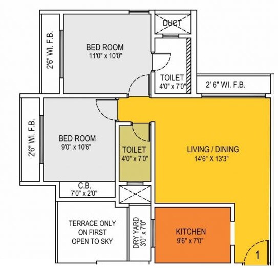 Floor plan of 2 BHK 685 Sq. Ft. Apartment in National Trinity Paradise, Thane