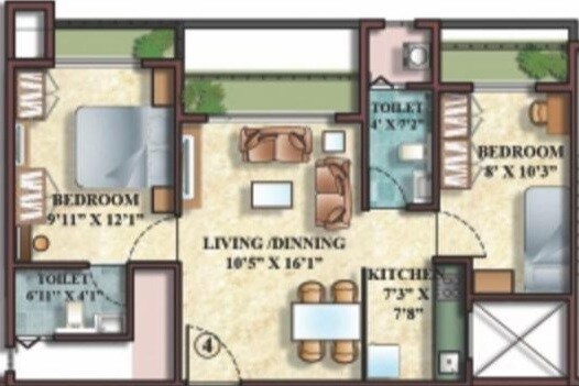 Floor plan of 1 BHK 634 Sq. Ft. Apartment in Natu 9 Riviera Hills, Thane