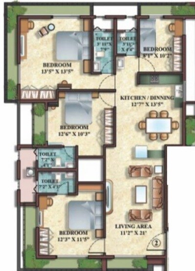 Floor plan of 3 BHK 1088 Sq. Ft. Apartment in Natu 9 Riviera Hills, Thane