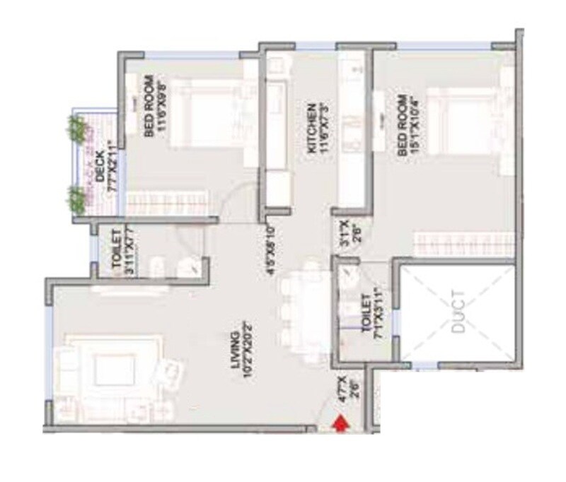Floor plan of 2 BHK 694 Sq. Ft. Apartment in Nav Omkar CHS Panch Pakhdi, Thane
