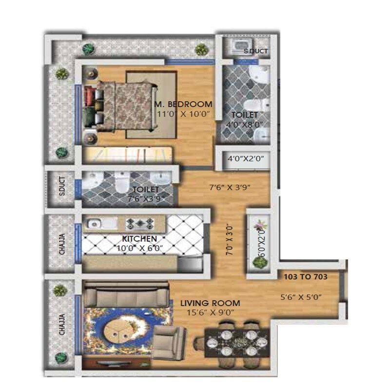 1 BHK 587 Sq. Ft. Apartment