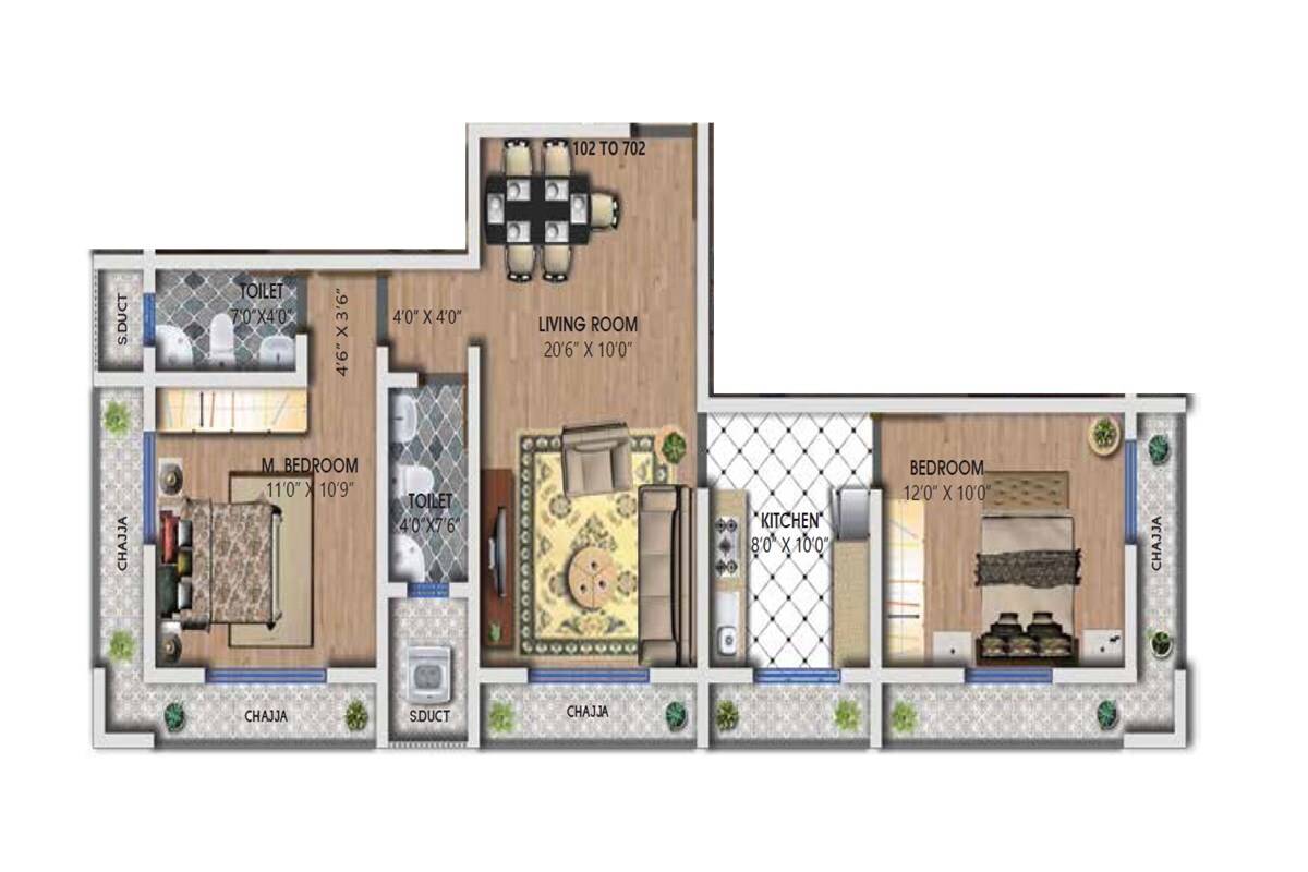Floor plan of 2 BHK 784 Sq. Ft. Apartment in Navkar Avenue, Thane