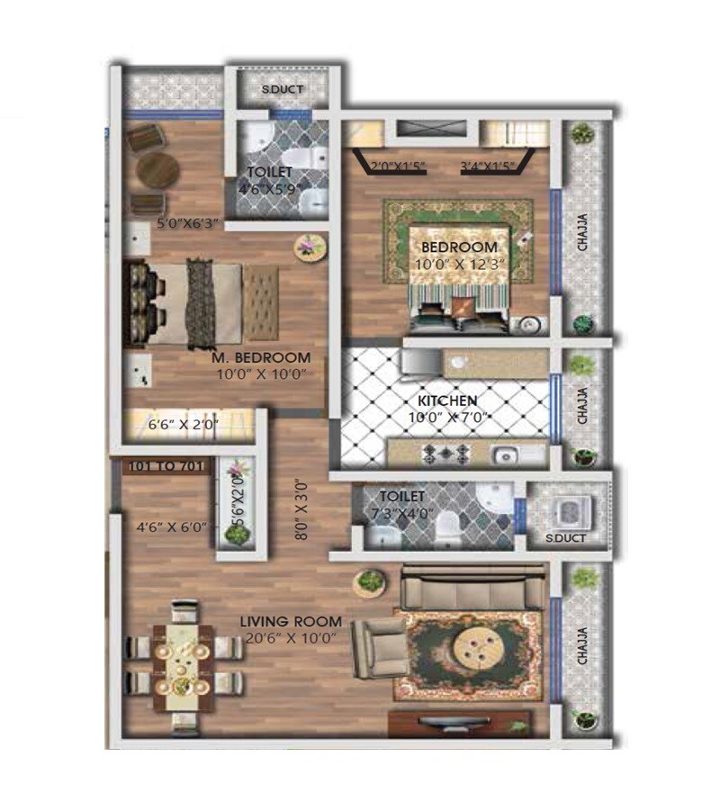 Floor plan of 2 BHK 838 Sq. Ft. Apartment in Navkar Avenue, Thane