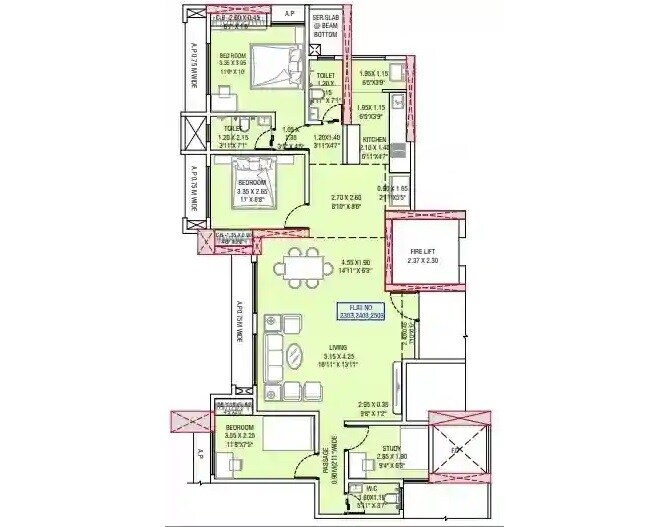 Floor plan of 3 BHK 1215 Sq. Ft. Apartment in Navyug CHS, Thane