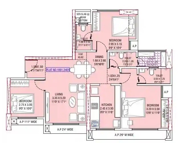 Floor plan of 3 BHK 823 Sq. Ft. Apartment in Navyug CHS, Thane