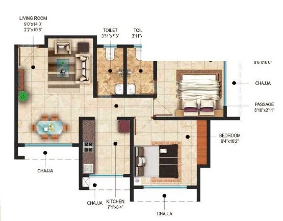 Floor plan of 2 BHK 427 Sq. Ft. Apartment in Neele Elegant City Bliss, Thane