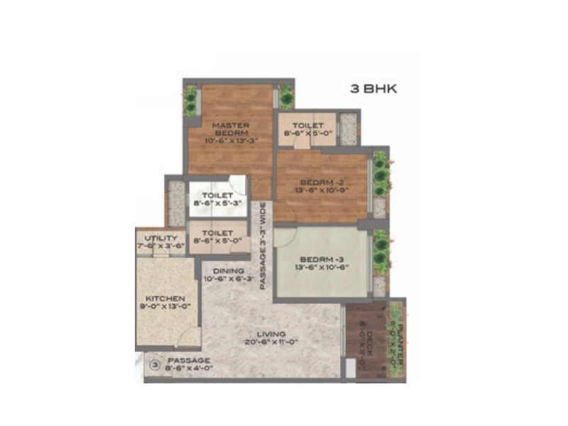 Floor plan of 3 BHK 1175 Sq. Ft. Apartment in Neelkanth  Bhimjyani Realty, Thane