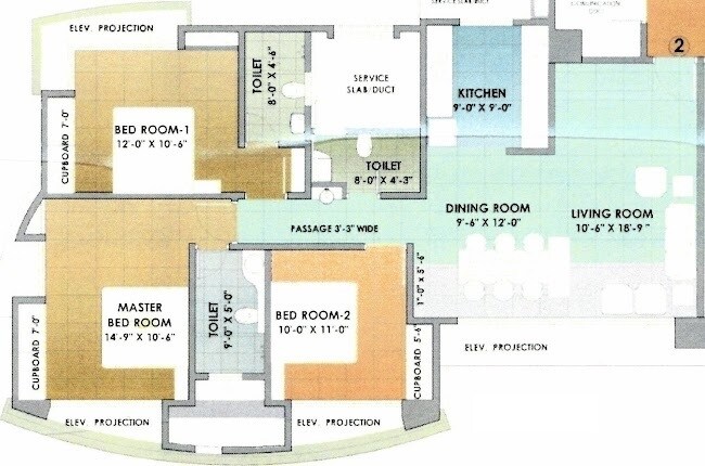 Floor plan of 3 BHK 989 Sq. Ft. Apartment in Neelkanth Greens, Thane