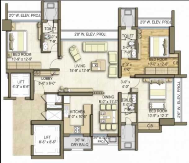 Floor plan of 3 BHK 1077 Sq. Ft. Apartment in Neelkanth Lake View, Thane