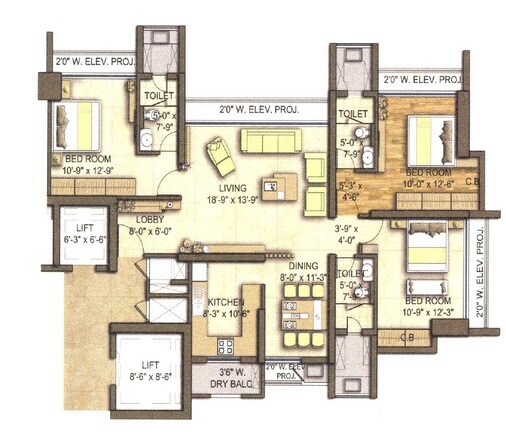 Floor plan of 3 BHK 1239 Sq. Ft. Apartment in Neelkanth Lake View, Thane