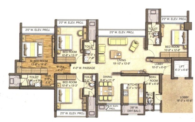 Floor plan of 4 BHK 1496 Sq. Ft. Apartment in Neelkanth Lake View, Thane