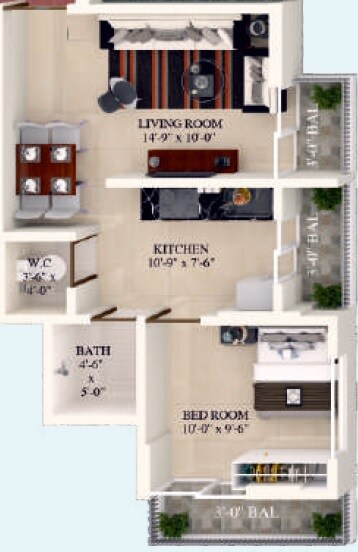 Floor plan of 1 BHK 375 Sq. Ft. Apartment in Neelkanth Palms Themghar, Thane