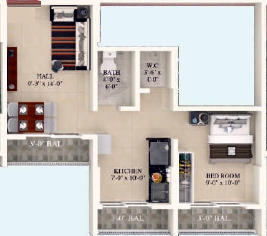 Floor plan of 1 BHK 441 Sq. Ft. Apartment in Neelkanth Palms Themghar, Thane