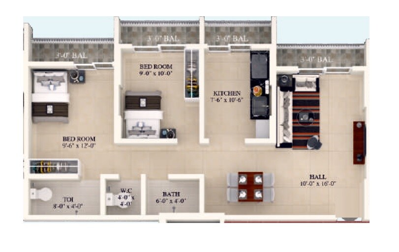 Floor plan of 2 BHK 640 Sq. Ft. Apartment in Neelkanth Palms Themghar, Thane