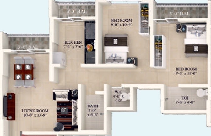 Floor plan of 2 BHK 739 Sq. Ft. Apartment in Neelkanth Palms Themghar, Thane