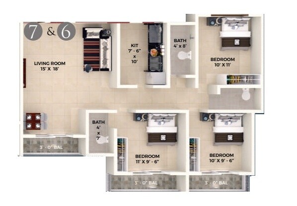 Floor plan of 3 BHK 889 Sq. Ft. Apartment in Neelkanth Palms Themghar, Thane