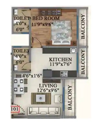 Floor plan of 1 BHK 440 Sq. Ft. Apartment in Neelpadma Geetai Smruti, Thane