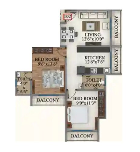 Floor plan of 2 BHK 620 Sq. Ft. Apartment in Neelpadma Geetai Smruti, Thane