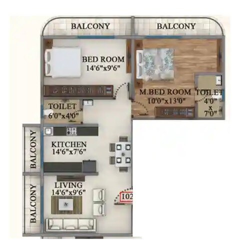 Floor plan of 2 BHK 631 Sq. Ft. Apartment in Neelpadma Geetai Smruti, Thane