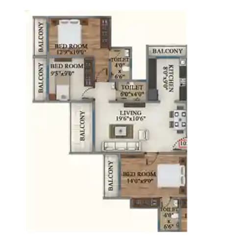 Floor plan of 3 BHK 726 Sq. Ft. Apartment in Neelpadma Geetai Smruti, Thane