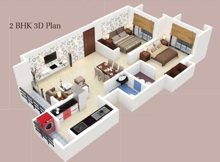 Floor plan of 2 BHK 704 Sq. Ft. Apartment in Neha Heena Presidency, Thane