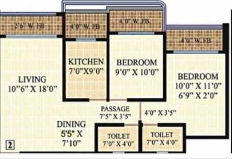 Floor plan of 2 BHK 602 Sq. Ft. Apartment in Neminath Heights, Thane