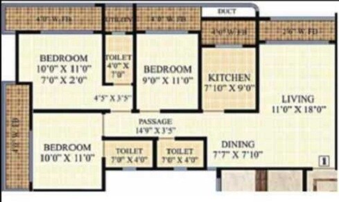 Floor plan of 3 BHK 853 Sq. Ft. Apartment in Neminath Heights, Thane