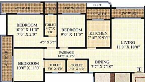 Floor plan of 3 BHK 856 Sq. Ft. Apartment in Neminath Heights, Thane