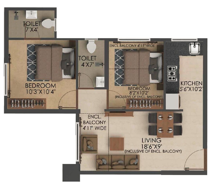Floor plan of 2 BHK 430 Sq. Ft. Apartment in Neptune Ramrajya Ekansh C, Thane