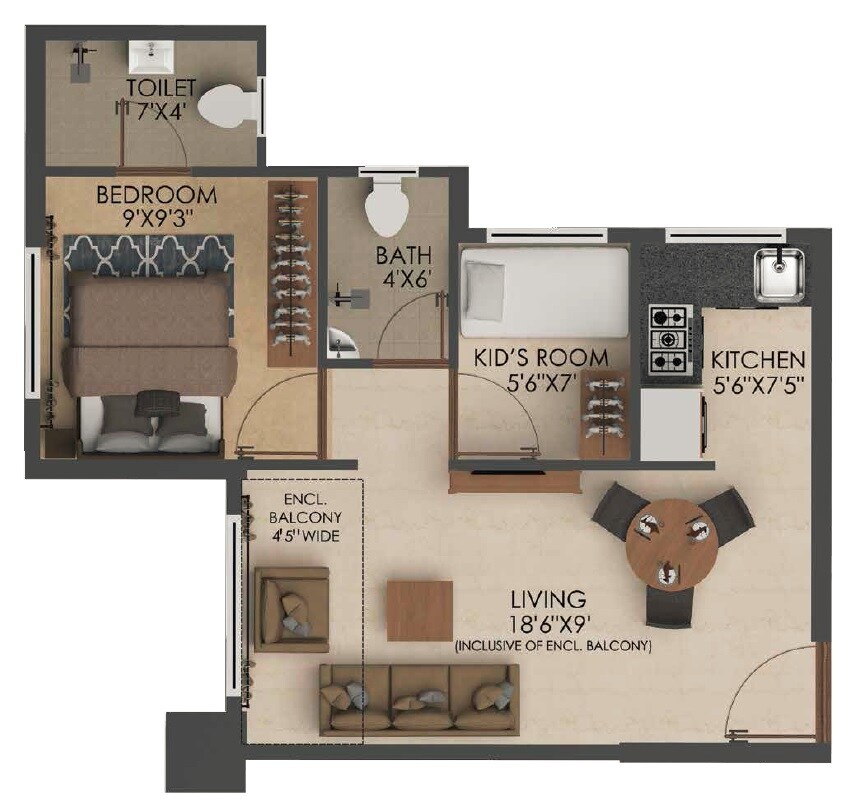 Floor plan of 2 BHK 376 Sq. Ft. Apartment in Neptune Ramrajya Udaan B, Thane