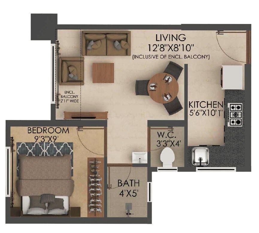 Floor plan of 1 BHK 328 Sq. Ft. Apartment in Neptune Ramrajya Udaan C, Thane