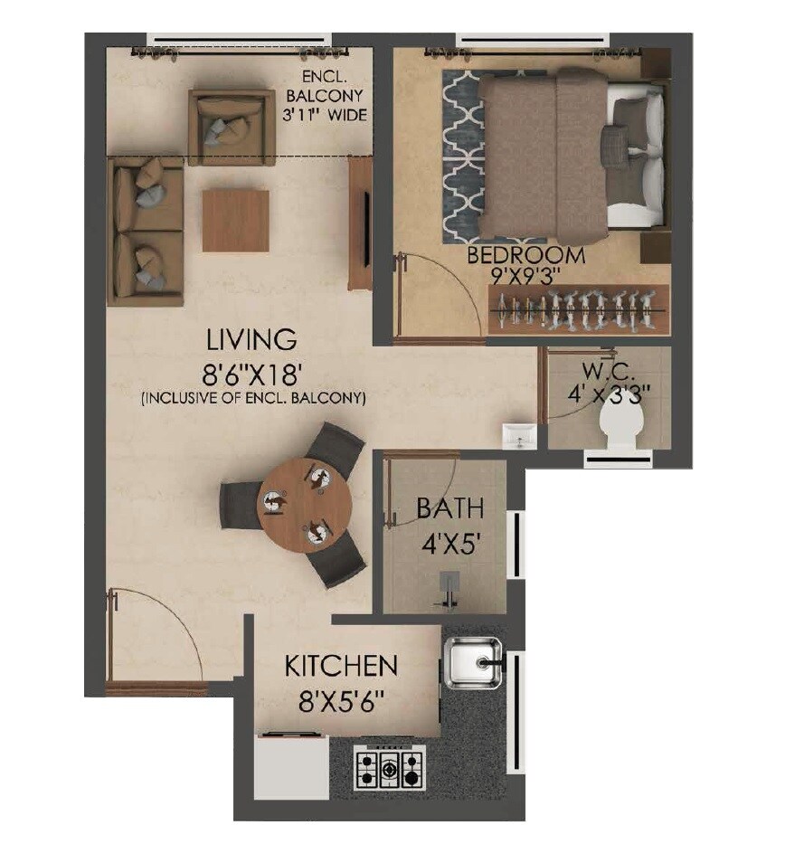 Floor plan of 1 BHK 336 Sq. Ft. Apartment in Neptune Ramrajya Udaan C, Thane