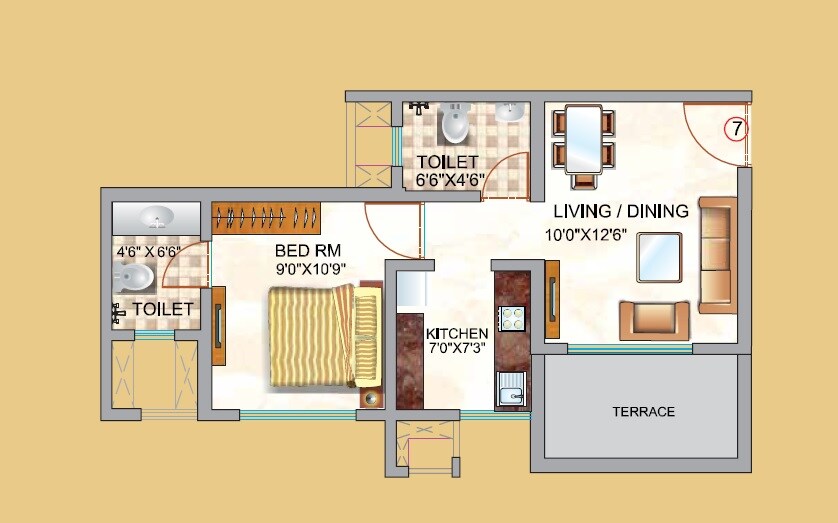 Floor plan of 1 BHK 225 Sq. Ft. Apartment in Neptune Swarajya Ambivali, Thane