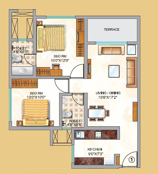 Floor plan of 2 BHK 375 Sq. Ft. Apartment in Neptune Swarajya Sector 2 B14, Thane