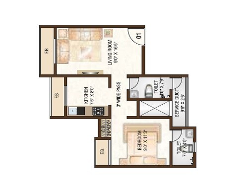 Floor plan of 1 BHK 513 Sq. Ft. Apartment in Nice World, Thane