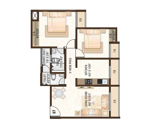 Floor plan of 2 BHK 643 Sq. Ft. Apartment in Nice World, Thane