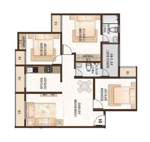 Floor plan of 3 BHK 807 Sq. Ft. Apartment in Nice World, Thane