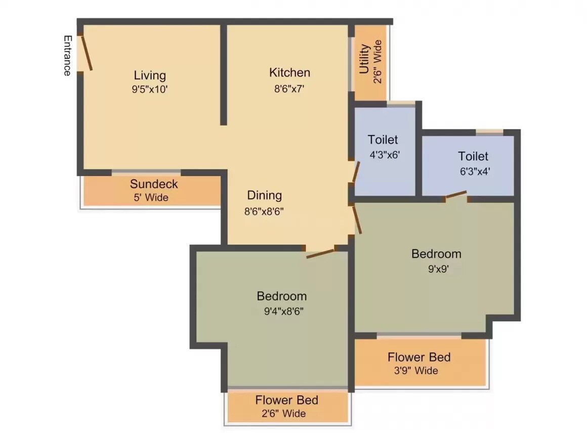 Floor plan of 2 BHK 864 Sq. Ft. Apartment in Nirmal Colosseum, Thane