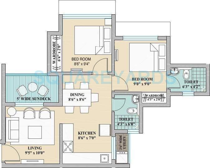 Floor plan of 2 BHK 792 Sq. Ft. Apartment in Nirmal Colosseum, Thane