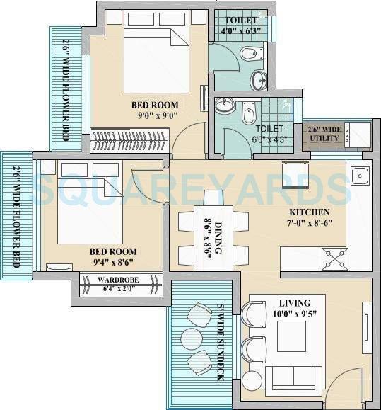 Floor plan of 2 BHK 873 Sq. Ft. Apartment in Nirmal Colosseum, Thane