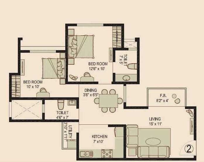 Floor plan of 2 BHK 774 Sq. Ft. Apartment in Nirmal Life style city, Thane