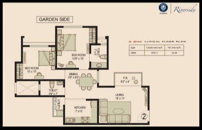 Floor plan of 2 BHK 1017 Sq. Ft. Apartment in Nirmal River Side, Thane