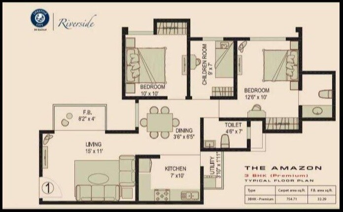 Floor plan of 3 BHK 1304 Sq. Ft. Apartment in Nirmal River Side, Thane