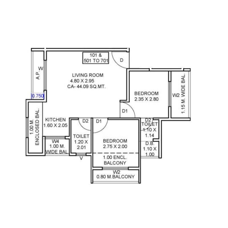 Floor plan of 2 BHK 475 Sq. Ft. Apartment in Nirman Milan Dham, Thane