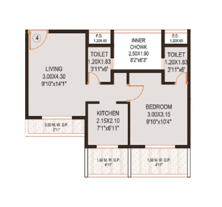 Floor plan of 1 BHK 503 Sq. Ft. Apartment in Nisarg Greens, Thane