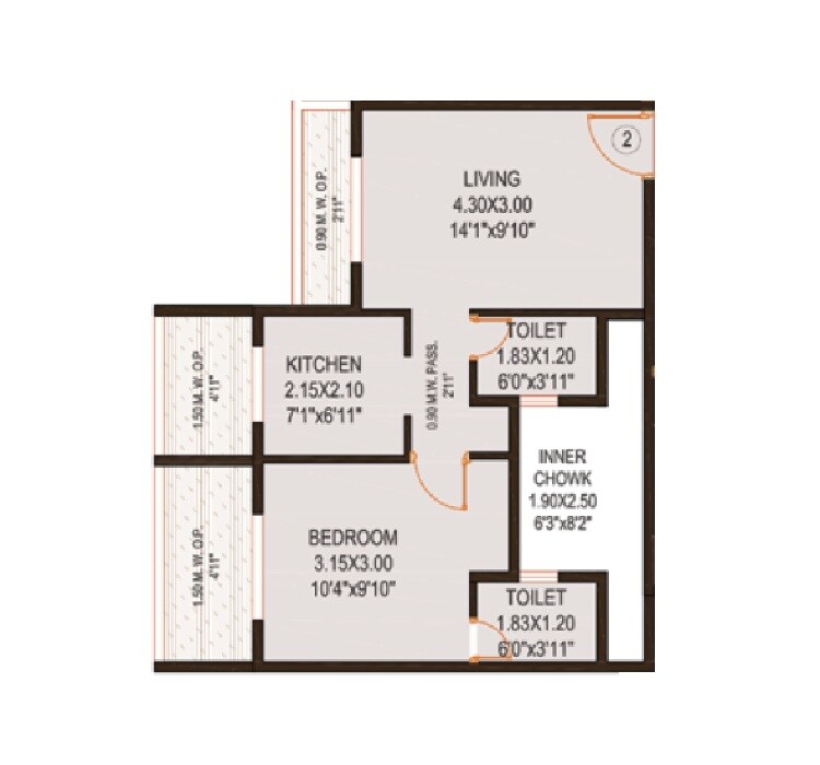 Floor plan of 1 BHK 369 Sq. Ft. Apartment in Nisarg Greens, Thane