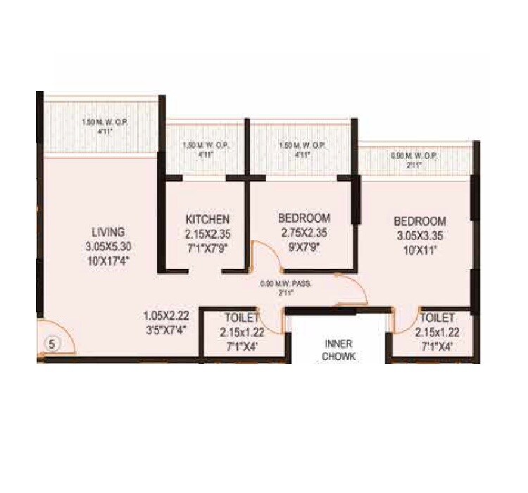 Floor plan of 2 BHK 730 Sq. Ft. Apartment in Nisarg Greens, Thane