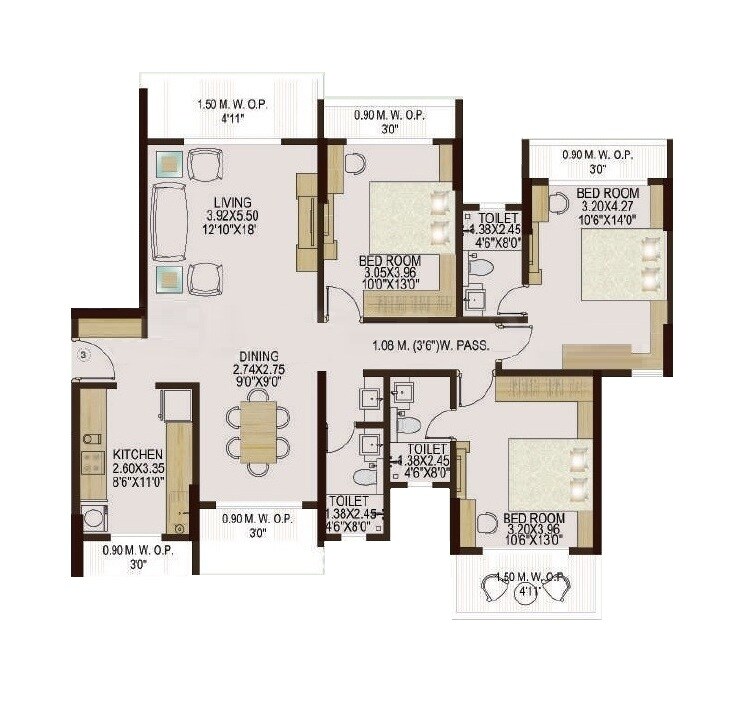 Floor plan of 3 BHK 1047 Sq. Ft. Apartment in Nisarg Greens, Thane
