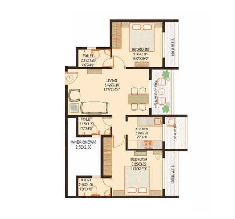 Floor plan of 2 BHK 432 Sq. Ft. Apartment in Nisarg Greens Phase II A, Thane